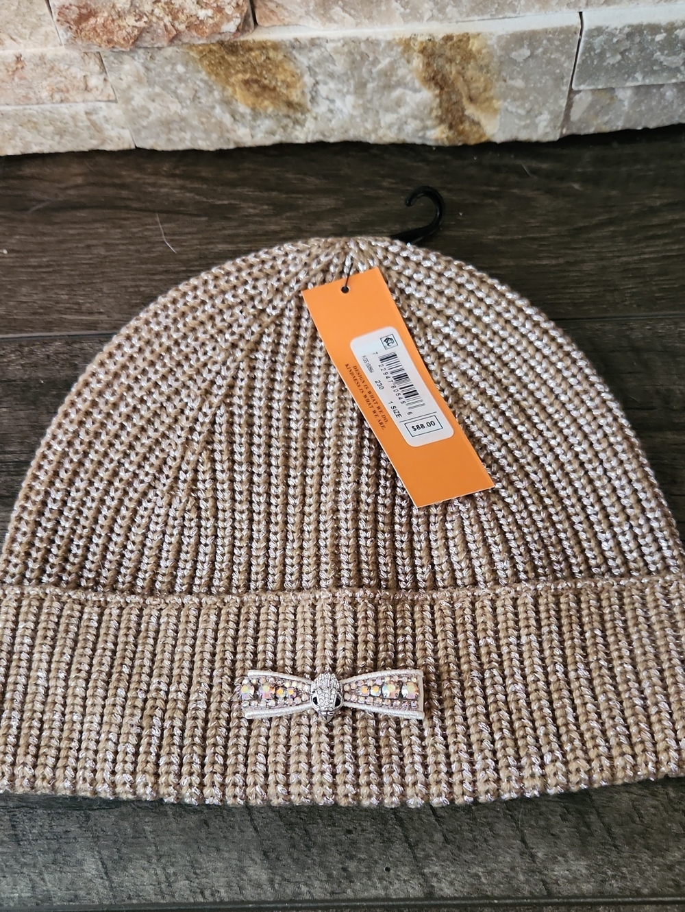Kurt GEIGER Sparkle Knit Beanie Hat with Decorative Bow - Beige